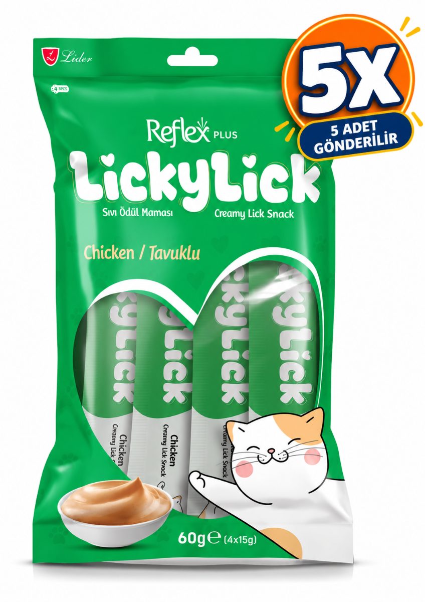 5 Paket Reflex Plus LickyLick Tavuklu Sıvı Ödül Maması 4'lü Ambalaj (4 x 15 g)