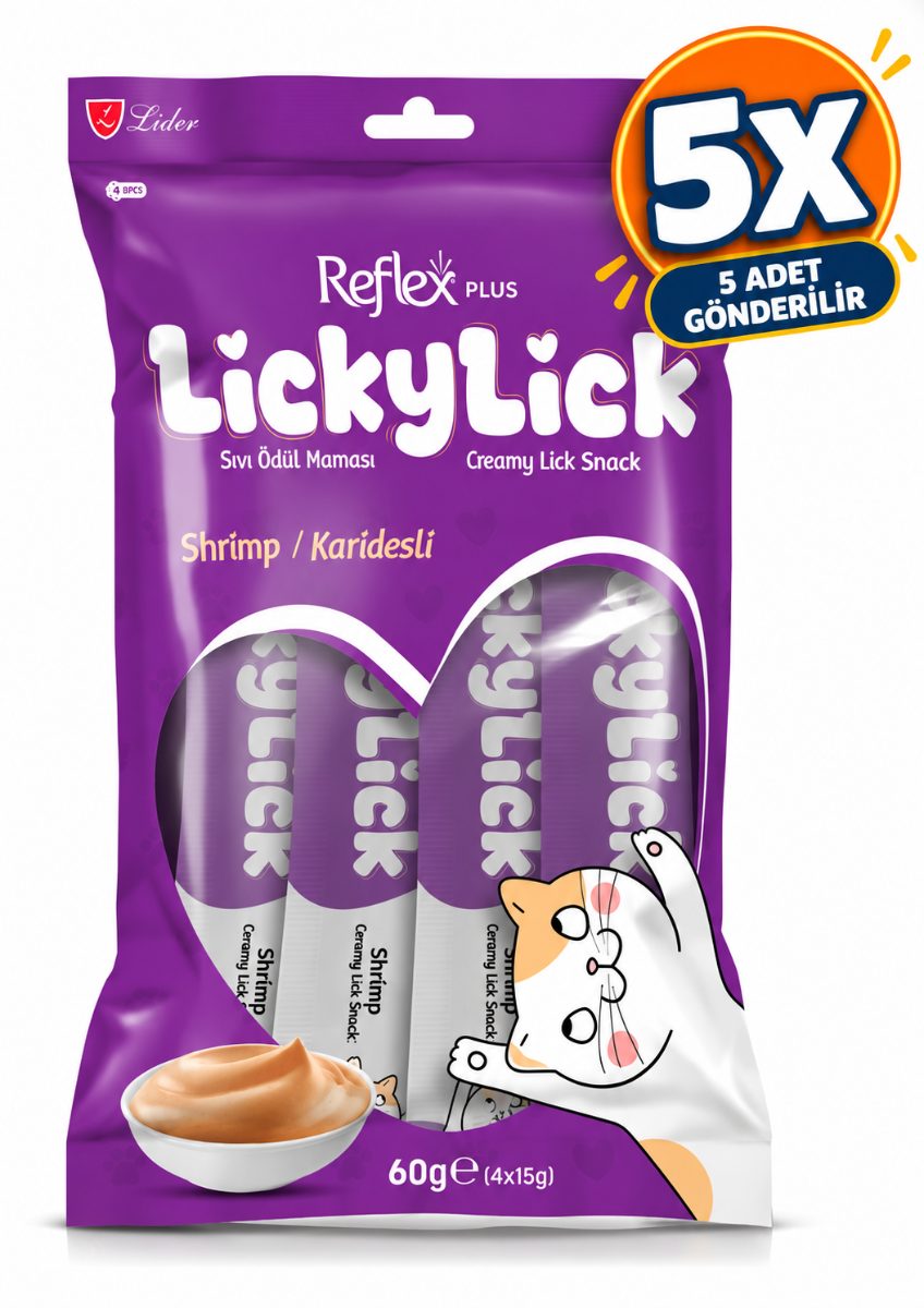 5 Paket Reflex Plus LickyLick Karidesli Sıvı Ödül Maması 4'lü Ambalaj (4 x 15 g)