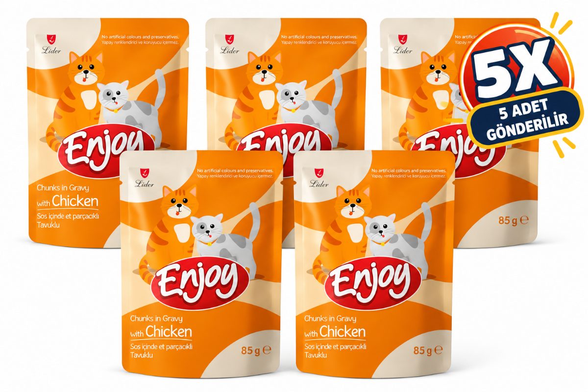 5 Adet - Enjoy Pouch Sos İçinde Et Parçacıklı Tavuklu Yetişkin Kedi Maması 85 gr