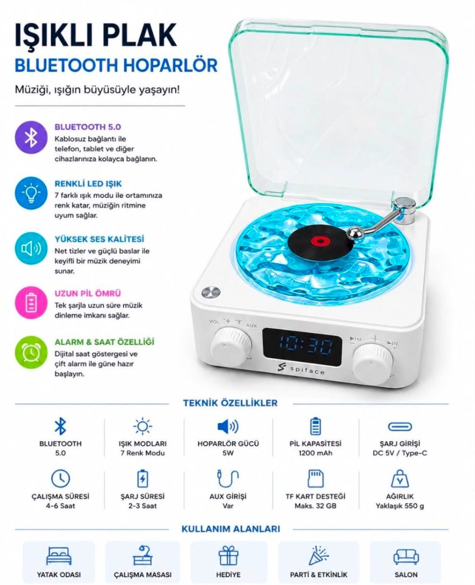 Plak Çalar Görünümlü Bluetooth Hoparlör