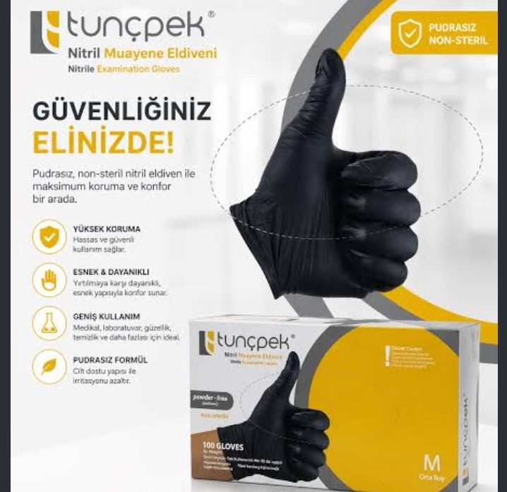 Tunçpek Pudrasız Siyah Nitril Muayene Eldiveni (100 Adet).M beden