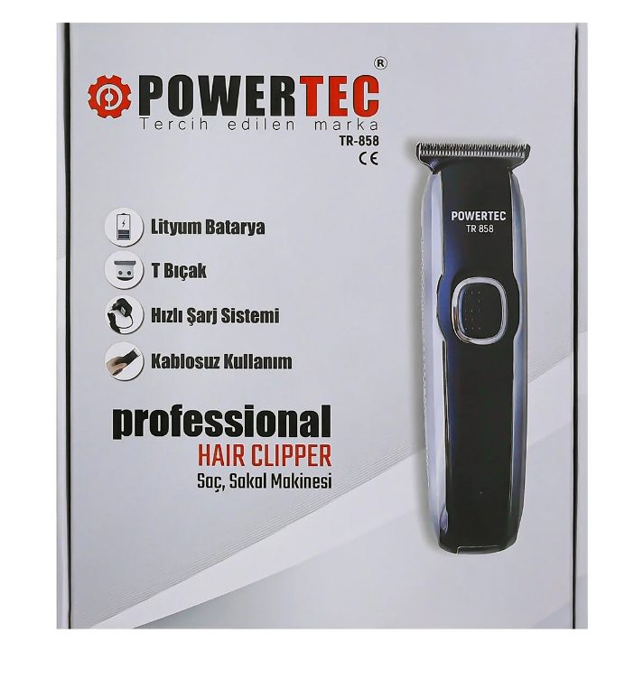 Powertec TR-858 Profesyonel Saç ve Sakal Kesme Makinesi, lityum bataryası, T bıçağı ve kablosuz kullanım özellikleriyle dikkat çeken bir kişisel bakım cihazıdır