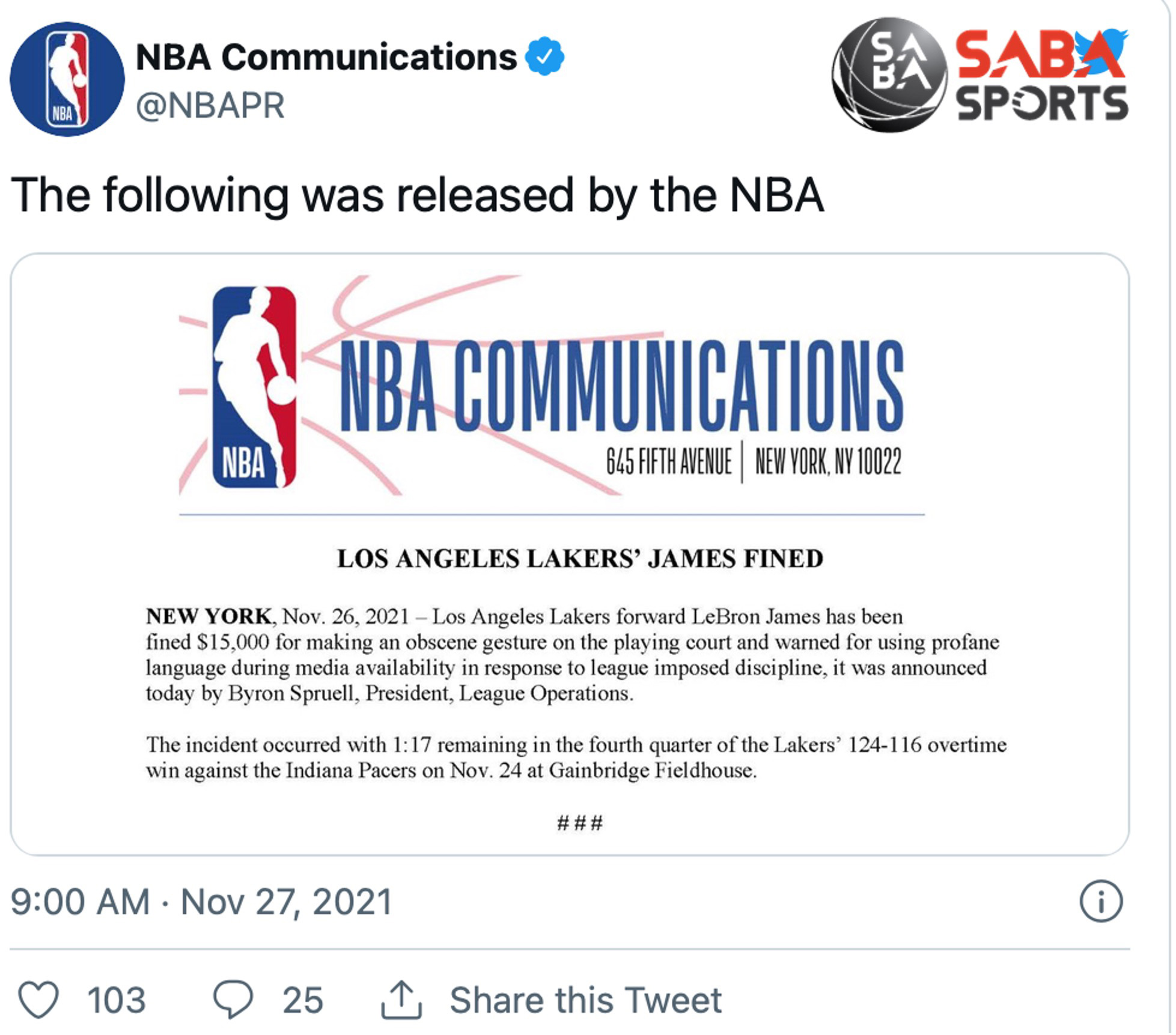 LeBron James: Los Angeles Lakers forward fined $15,000 for 'obscene  gesture' celebration