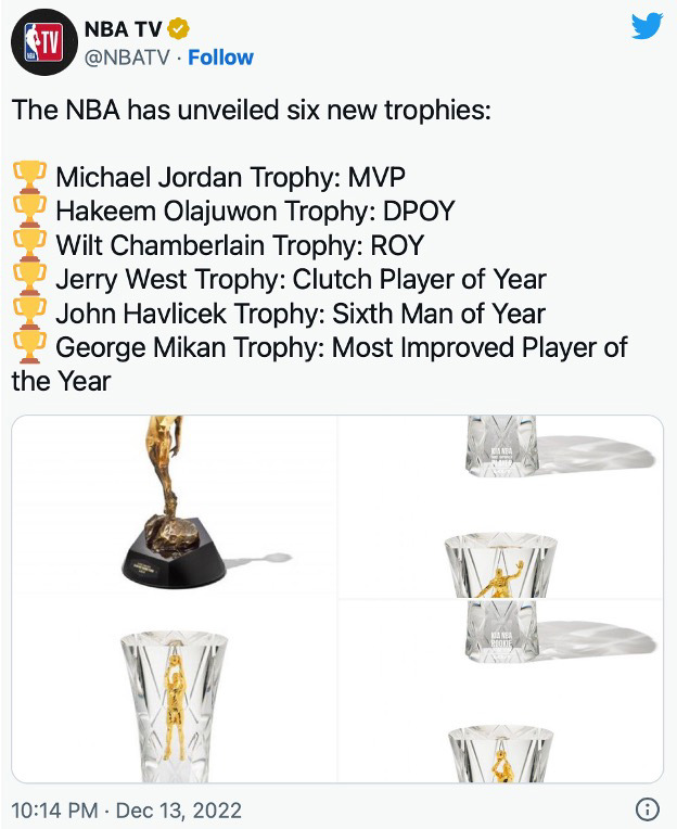 NBA unveils new trophies, including MVP award for Conference