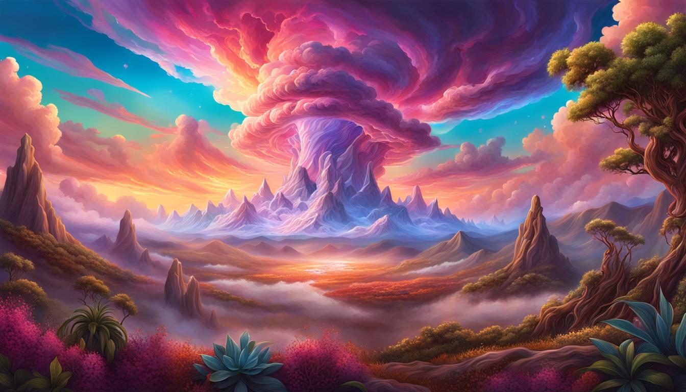 A stunning digital painting of a vibrant, otherworldly landscape. The image features a majestic, multi-hued sky with swirling clouds, casting a warm, ethereal glow over the scene. The focal point is a colossal, crystalline structure rising from the ground, refracting the light in a mesmerizing display. The landscape is dotted with exotic flora, their iridescent petals shimmering in the radiant atmosphere. The overall effect is a captivating, dreamlike vision of an alien world.