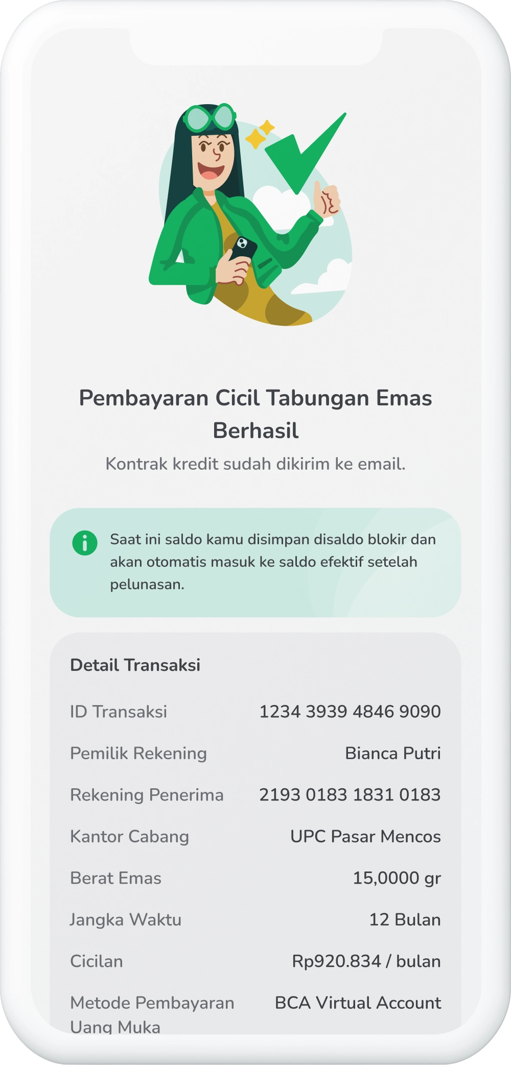 Ilustrasi langkah 10: Cicil Tabungan Emas Berhasil