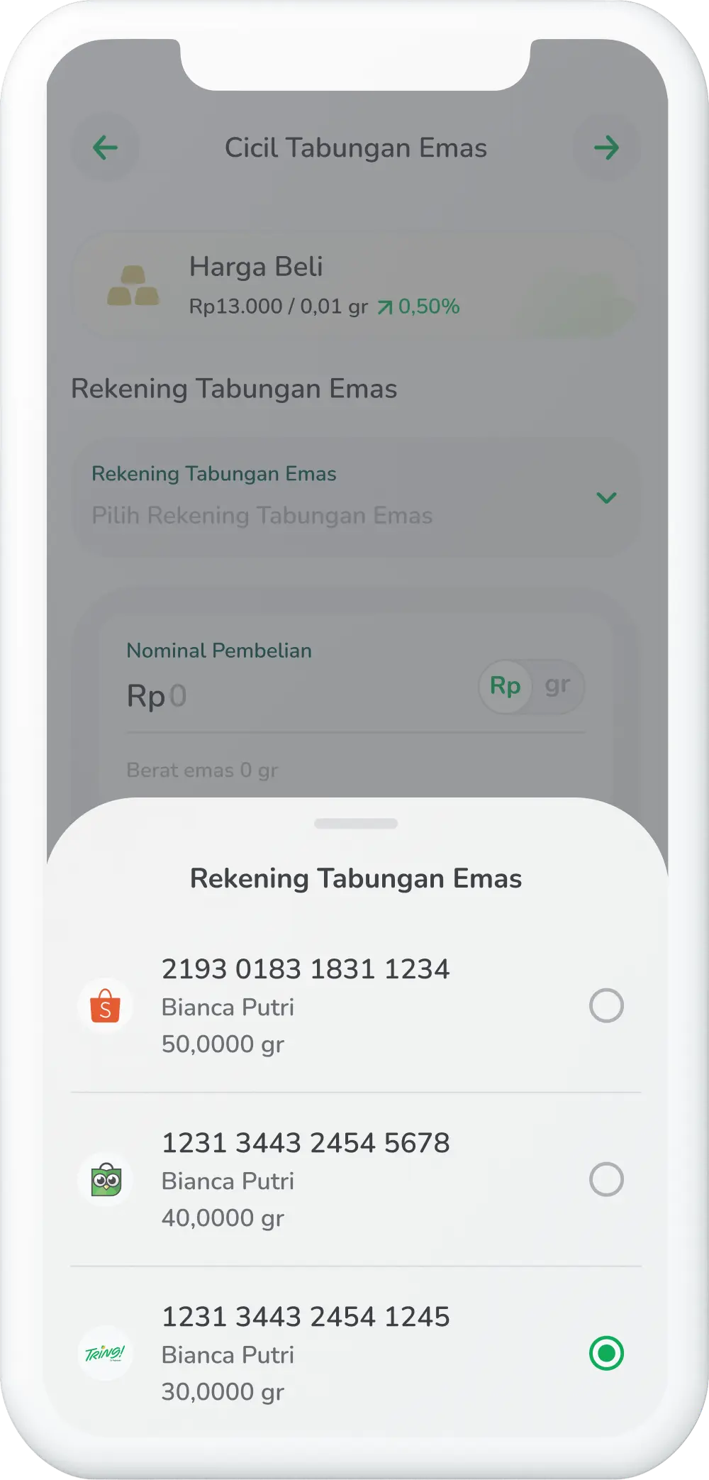 Ilustrasi langkah 05: Pilih Rekening Tabungan Emas