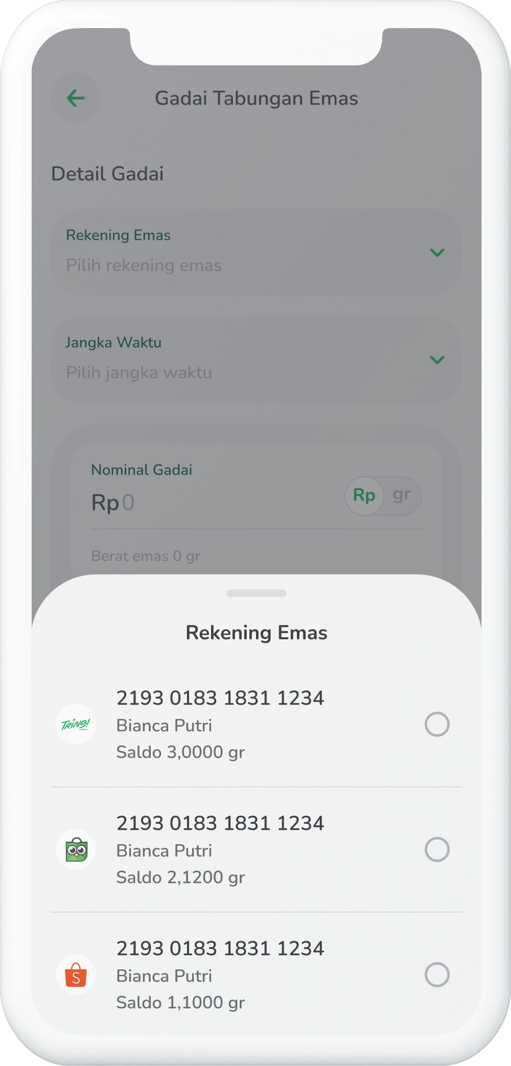 Ilustrasi langkah 03: Pilih Rekening Emas