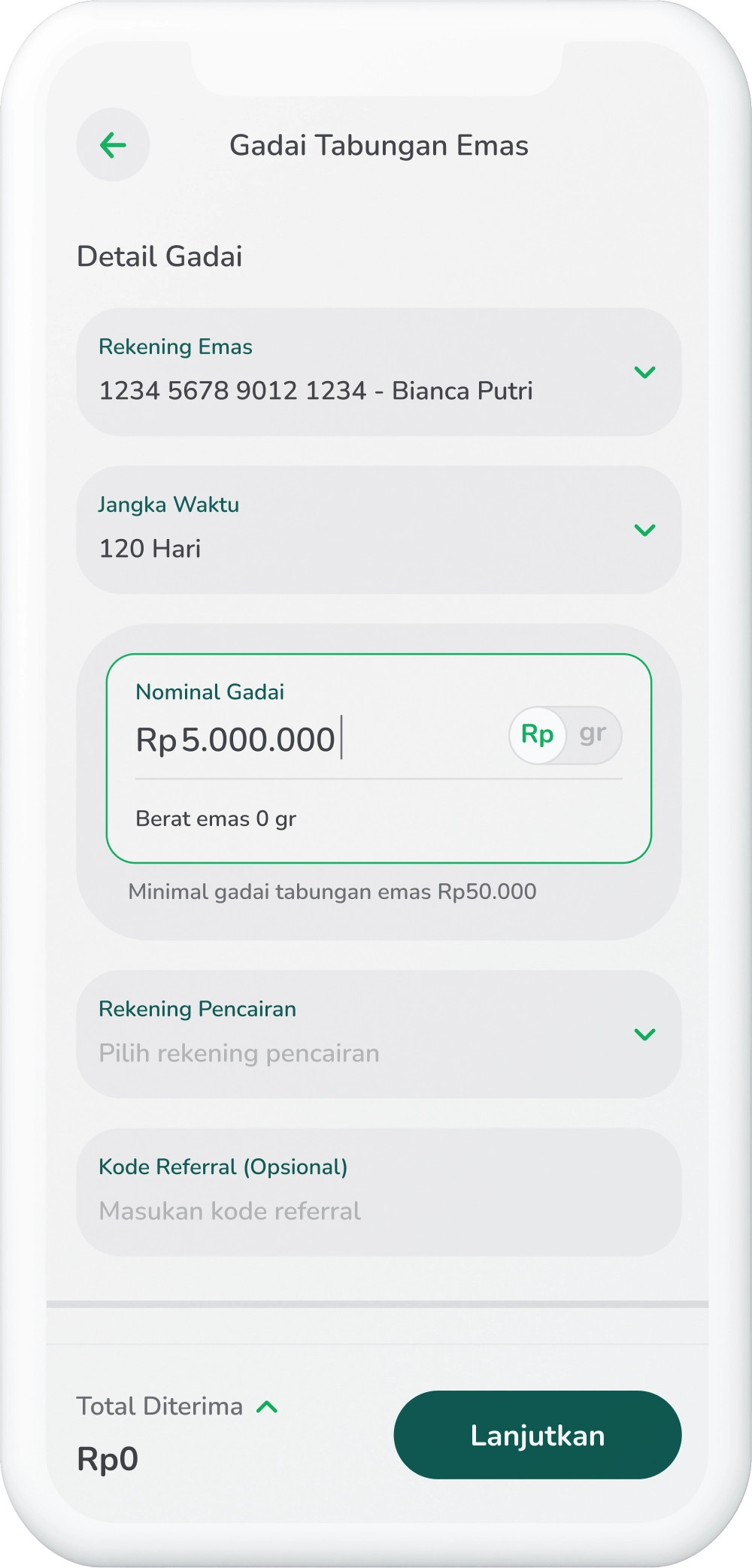 Ilustrasi langkah 05: Masukkan Nominal Gadai
