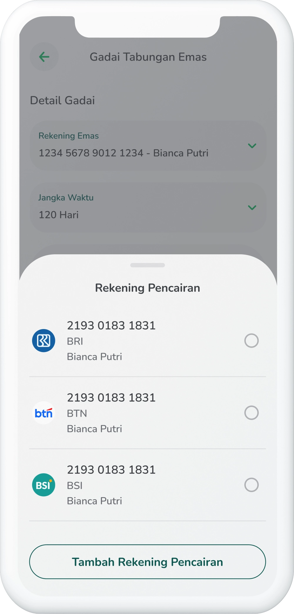 Ilustrasi langkah 06: Pilih Rekening Bank (Pencairan)