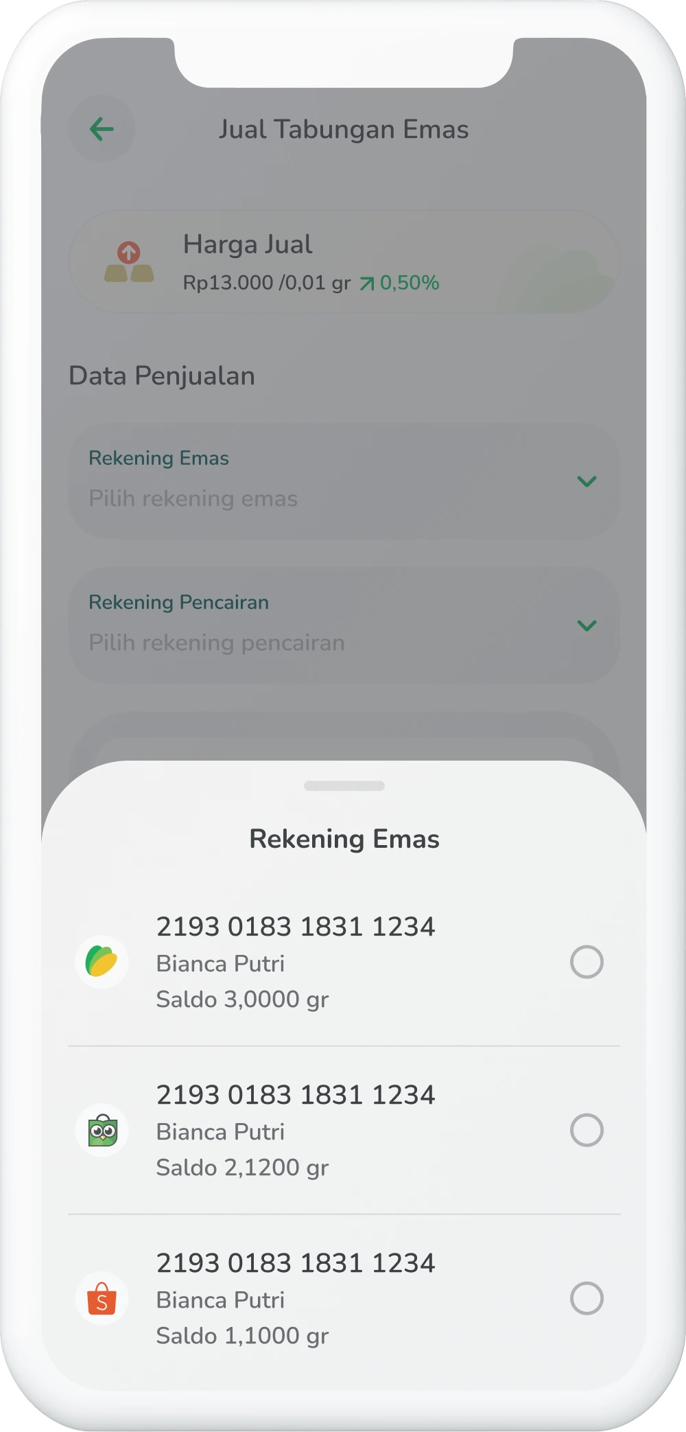 Ilustrasi langkah 03: Pilih Rekening Emas