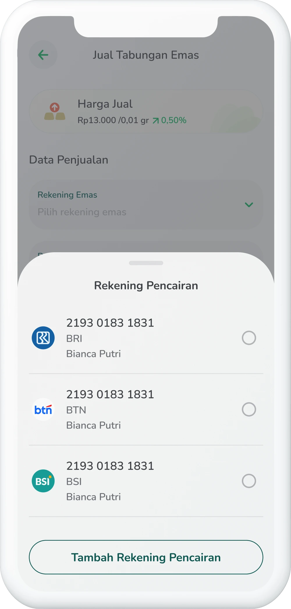 Ilustrasi langkah 04: Pilih Rekening Bank (Pencairan)