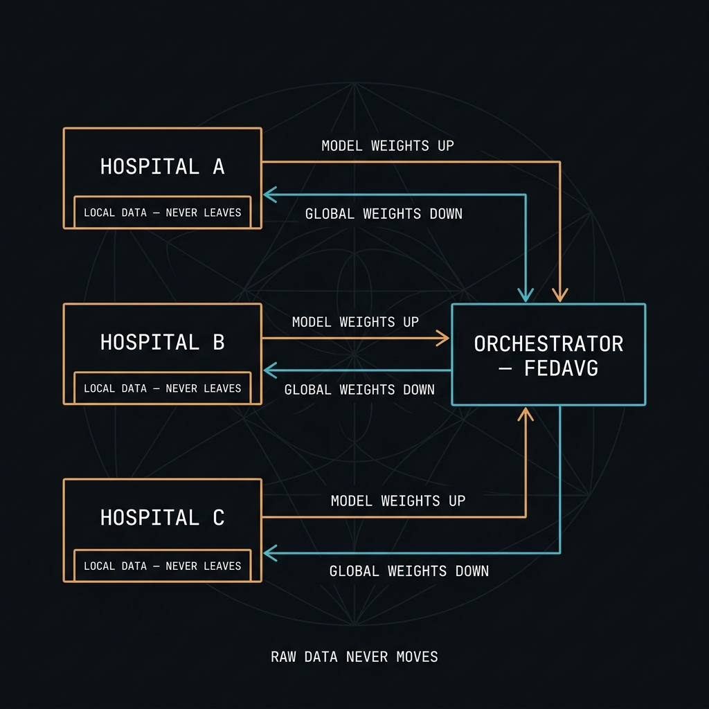 Hub-and-spoke diagram of hospitals training locally and exchanging only weights with a central FedAvg orchestrator