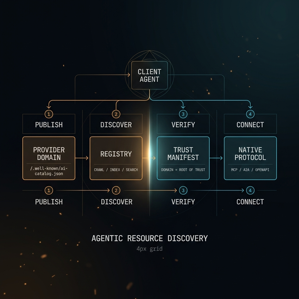 ARD runtime flow: a client agent moves through four stages — PUBLISH, where a provider hosts ai-catalog.json on its domain; DISCOVER, where a registry crawls and indexes catalogs; VERIFY, a trust manifest with the domain as root of trust; and CONNECT, over a native protocol such as MCP, A2A, or OpenAPI.