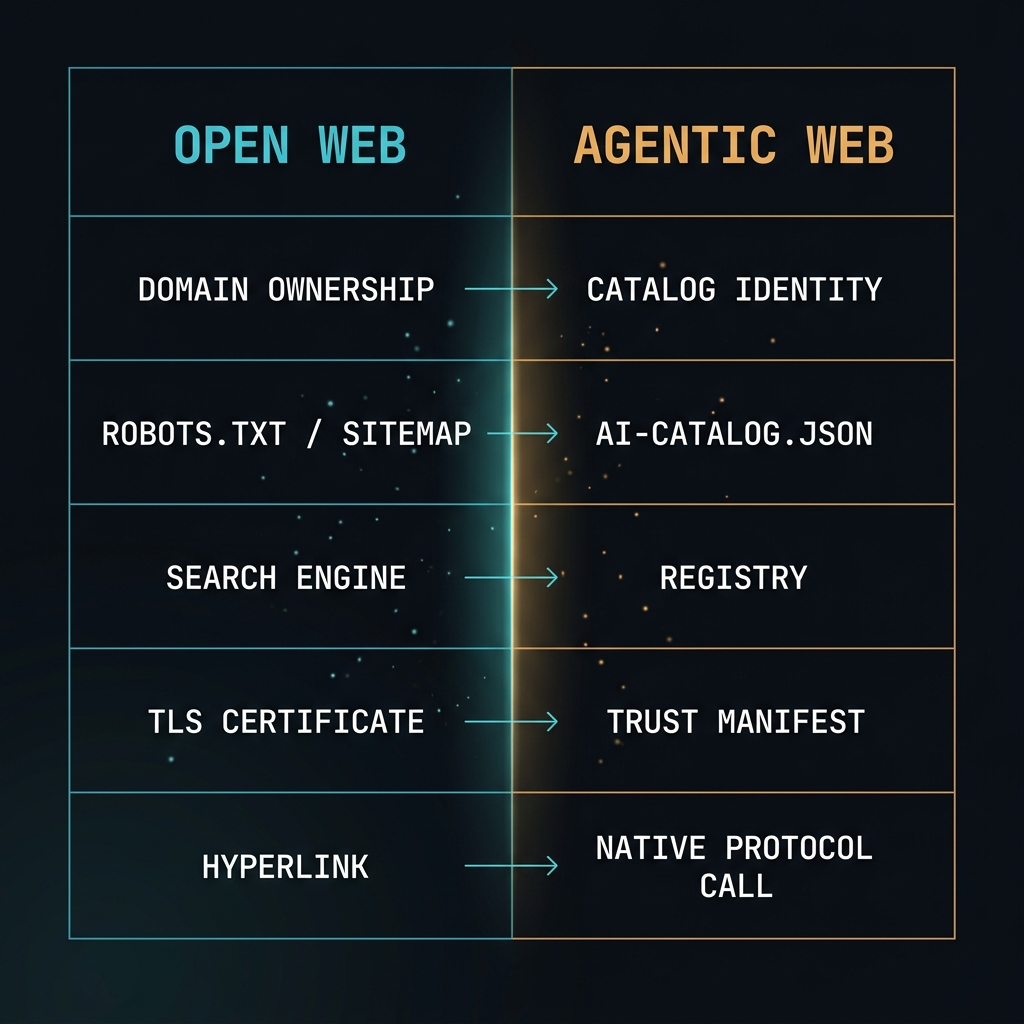 A mapping from the open web to the agentic web: domain ownership maps to catalog identity, robots.txt and sitemaps to ai-catalog.json, search engine to registry, TLS certificate to trust manifest, and hyperlink to native protocol call.