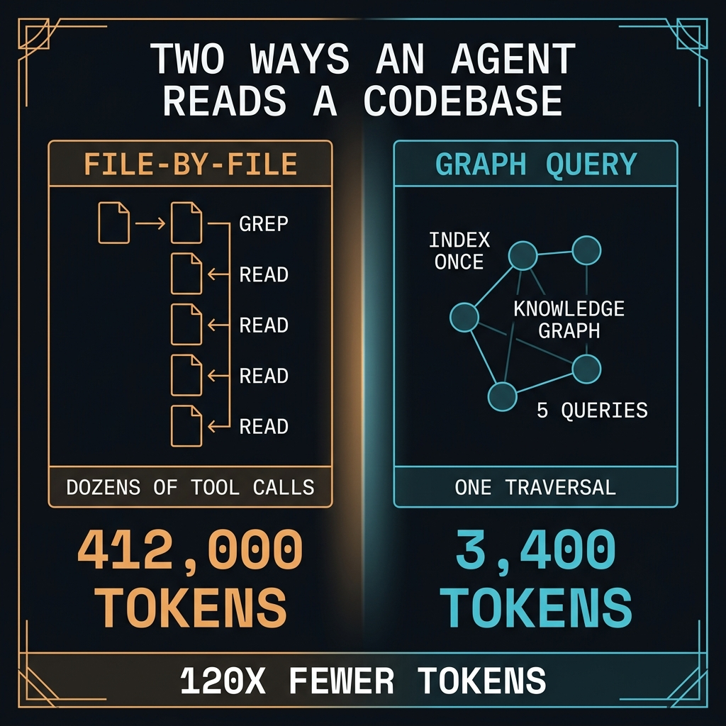 Two ways an agent reads a codebase: file-by-file grep-and-read cycles costing about 412,000 tokens, versus a single graph traversal of five queries costing about 3,400 tokens — roughly 120x fewer.
