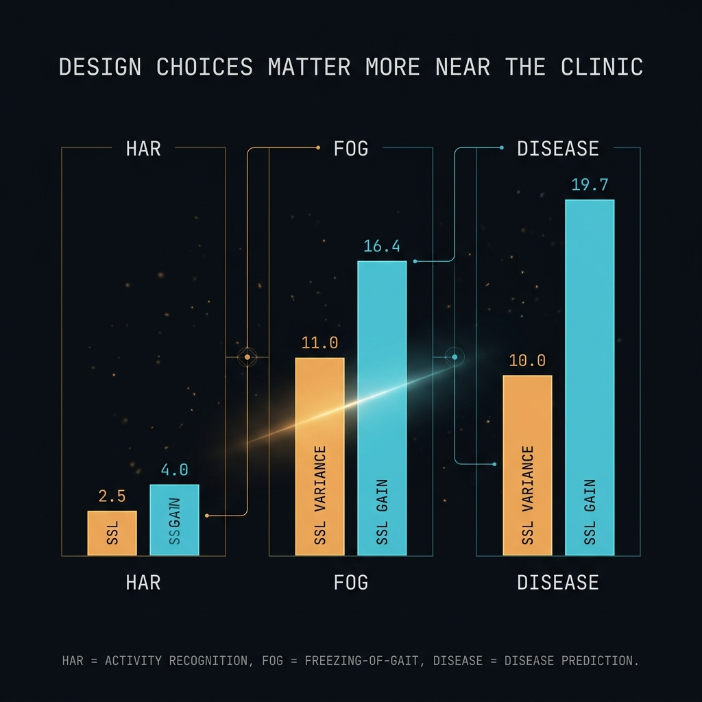 Bar chart showing SSL variance and SSL gain rising from HAR to FoG to disease prediction, illustrating that pretraining objective choice matters more for clinically specific tasks