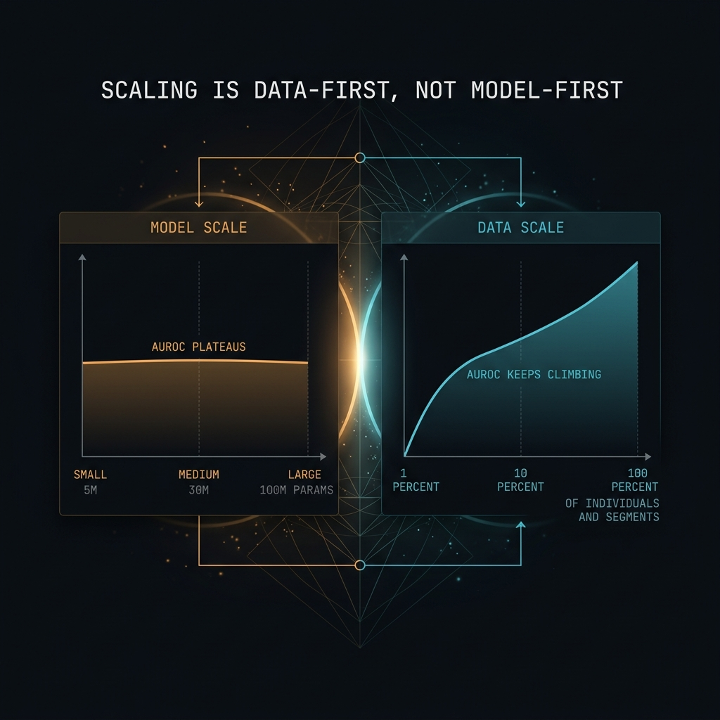 Two-panel chart contrasting flat model-scale performance against rising data-scale performance, illustrating that data diversity, not parameter count, is the effective lever for wearable motion foundation models