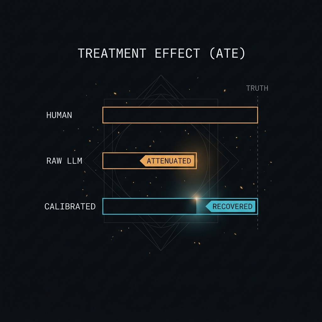 Three estimates of the same treatment effect on Upworthy headlines: the human effect as the reference value, the raw LLM estimate attenuated toward zero, and the calibrated estimate recovering the human value.