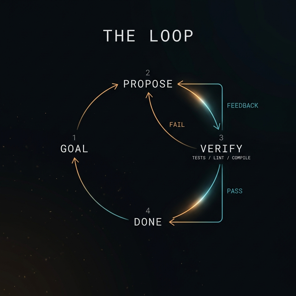 A clockwise feedback loop: GOAL to PROPOSE to VERIFY against tests, lint, and compile; a FAIL branch carries the error back to PROPOSE as feedback, a PASS branch ends at DONE.