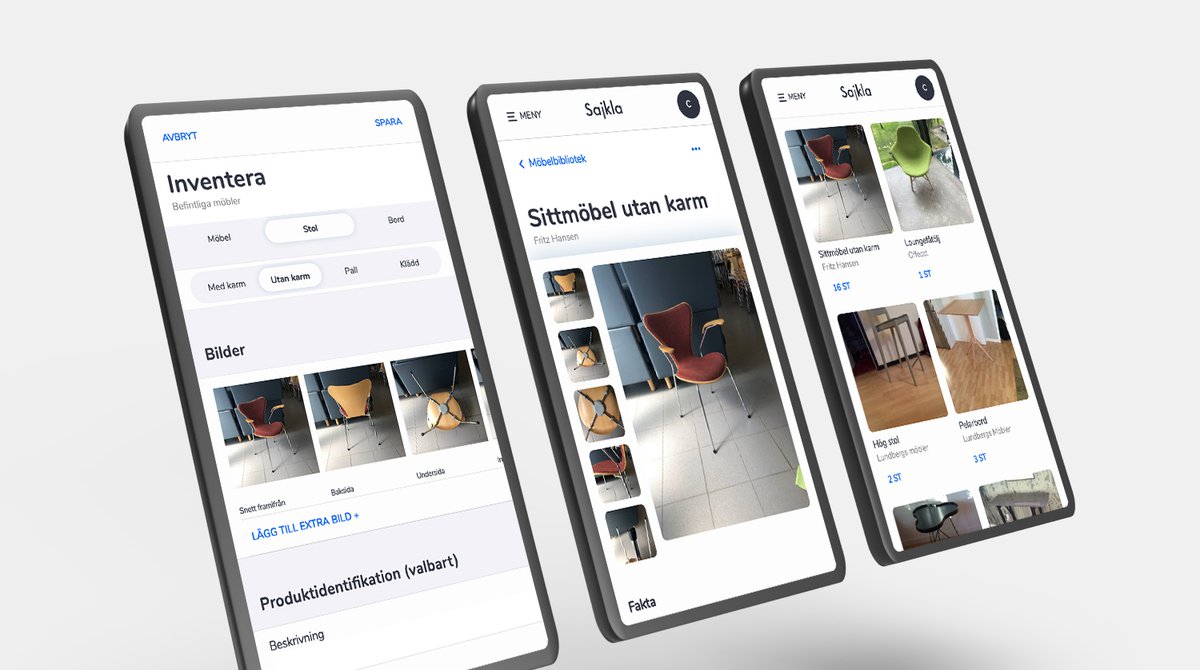Sajkla inventera möbelbiblotek i tre mobilvyer