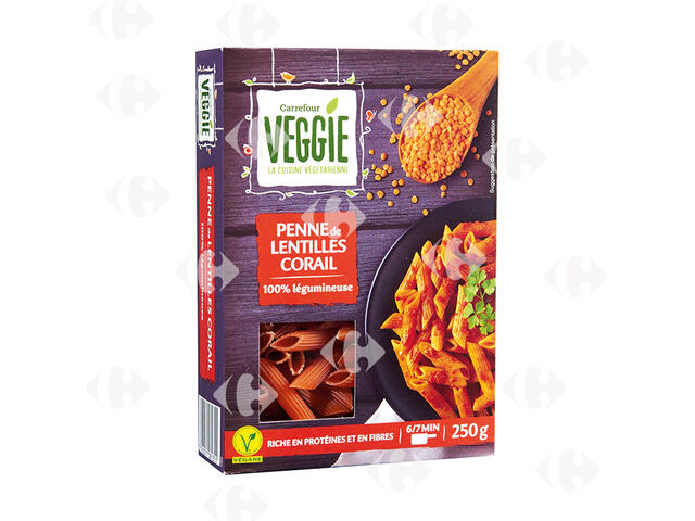 Pâtes Penne Colorées de Lentilles Corail Végétariennes Carrefour Veggie 250g