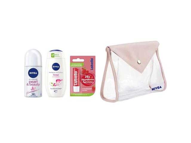 Trousse Pinky Nivea : Labello + Roll-on Pearl & Beauty + Crème Douche Cherry & Roses