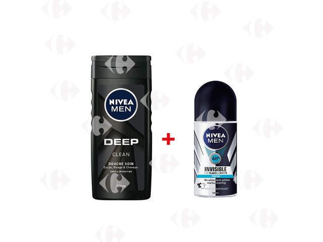 Déodorant Bille For Men Invisible For Black & White Power Nivea 50ml + Gel Douche Deep Clean Nivea250ml