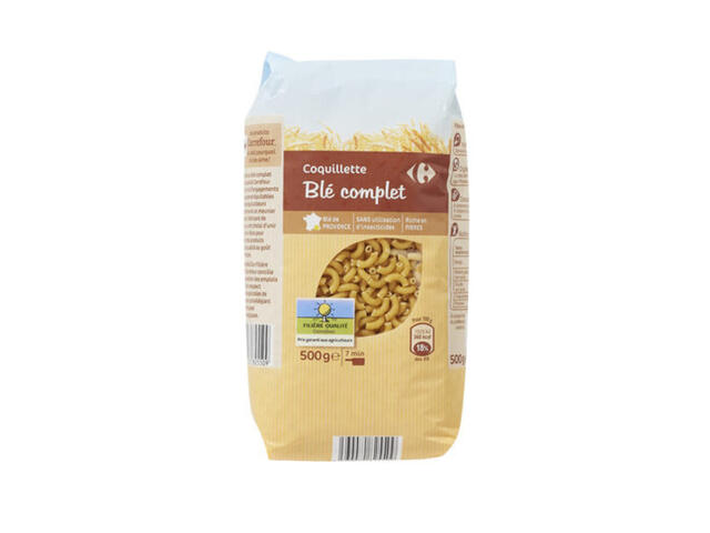 Pâtes Coquillette Blé Complet Carrefour 500g.