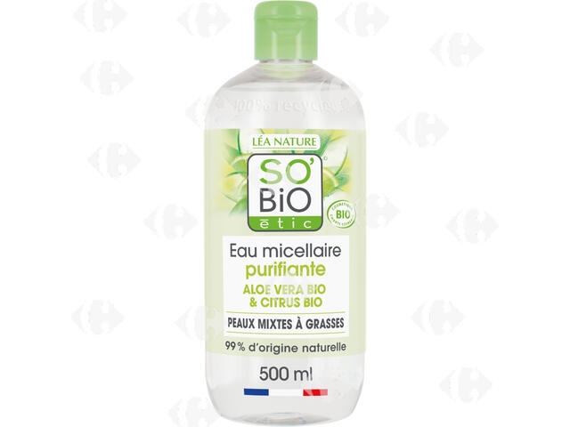 Eau Micellaire Purifiante au Jus d'Aloe Vera et au Citrus Bio So'Bio 500ml.