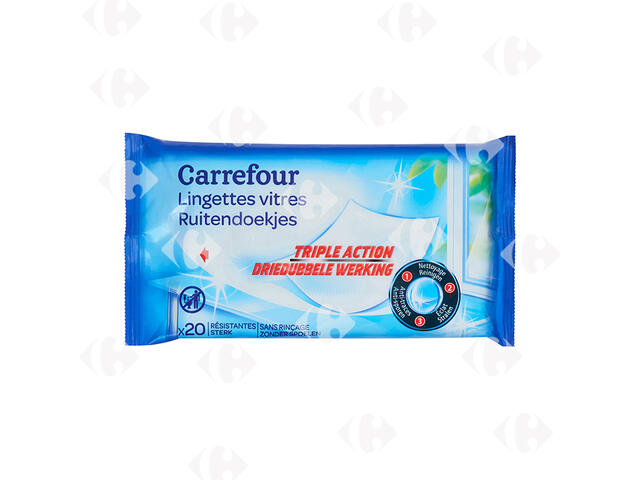 Lingettes Vitres Triple Action Carrefour 20 feuilles.