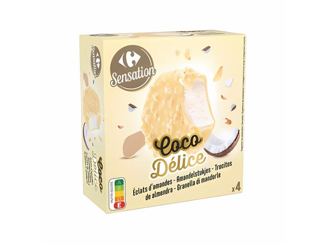 Bâtonnets Glace Coco Délice Chocolat Blanc Carrefour Sensation 4 unités 202g.