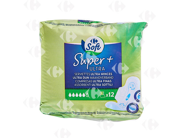 Serviettes Hygiéniques Ultra Super Carrefour 12 unités.