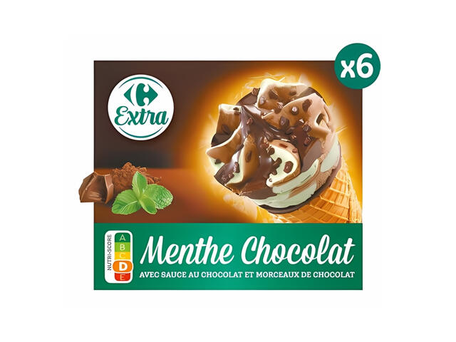 Cônes Glace Menthe Chocolat Carrefour Extra 6 unités 120ml