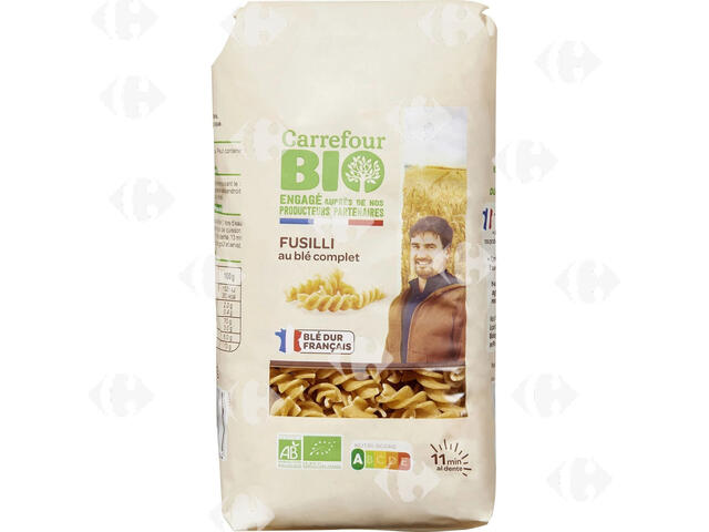 Fusilli Bio au Blé Complet Carrefour Bio 400g.