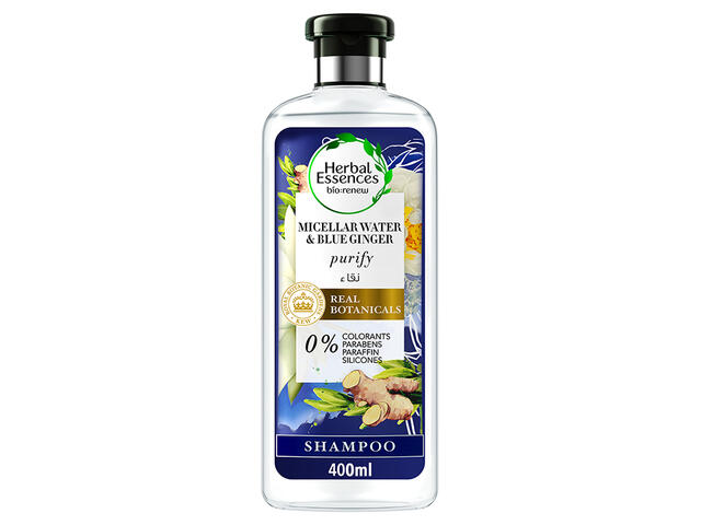 Shampooing purifiant bio Renew Eau Micellaire & Gingembre Bleu Herbal Essences 400ml.