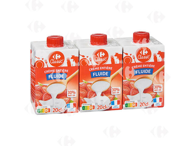 Crème UHT Fluide entière 30% Carrefour 3x20cl