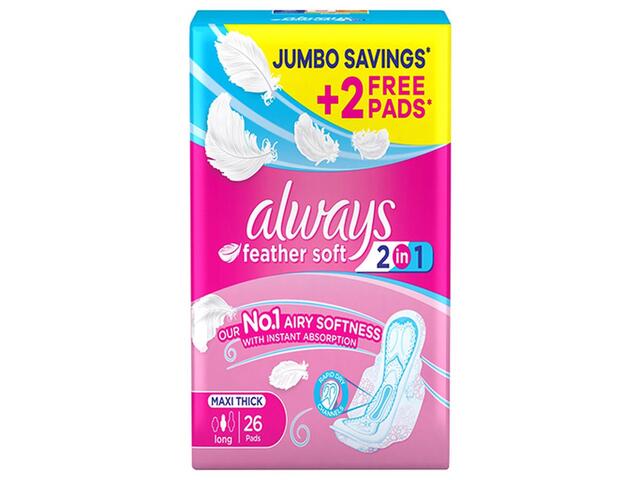 Serviettes Hygiéniques Feather Soft 2 en 1 Maxi Thick Long Always 26 unités.