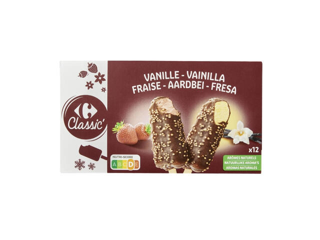 Bâtonnets Glace Vanille Fraise Carrefour Classic 12 unités.