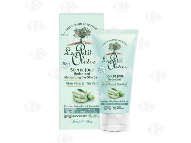 Soin de Jour Hydratant Aloe Vera & Thé Vert Peaux Normales à Mixtes Le Petit Olivier 50ml.