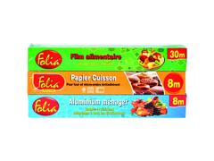 Lot Papier Cuisson Folia 8m + Rouleau Aluminium 8m + Film Alimentaire 30m
