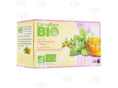 Infusion Bio Menthe Douce et Thym Carrefour Bio 20 unités.