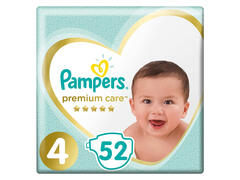 Couches Bébé Premium Care Taille 4 (9-18kg) Pampers 52 unités.