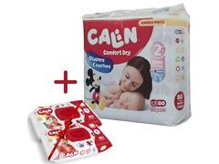 Pack Couches Bébé Jumbo Mini Calin 80 Unités + 2 Packs Lingettes Calin 55 Unités Offerts