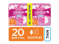 Serviettes Hygiéniques Cotton Soft Ultra Thin Normal Always 20 unités.