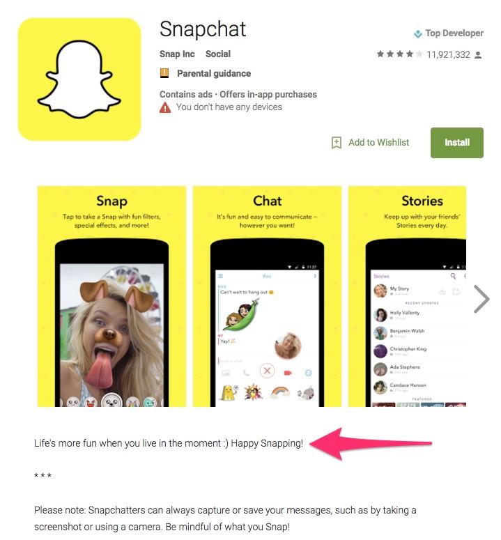 Snapchat's Short Description on Google Play