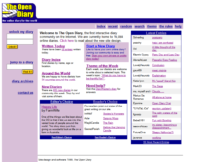 The Open Diary’s home page in 1999 