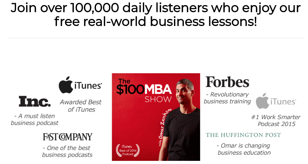 The $100 MBA Podcast Landing Page