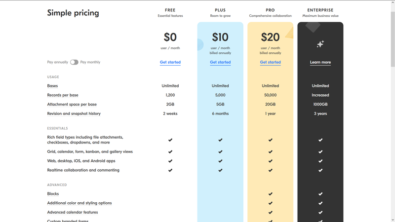 airtable pricing