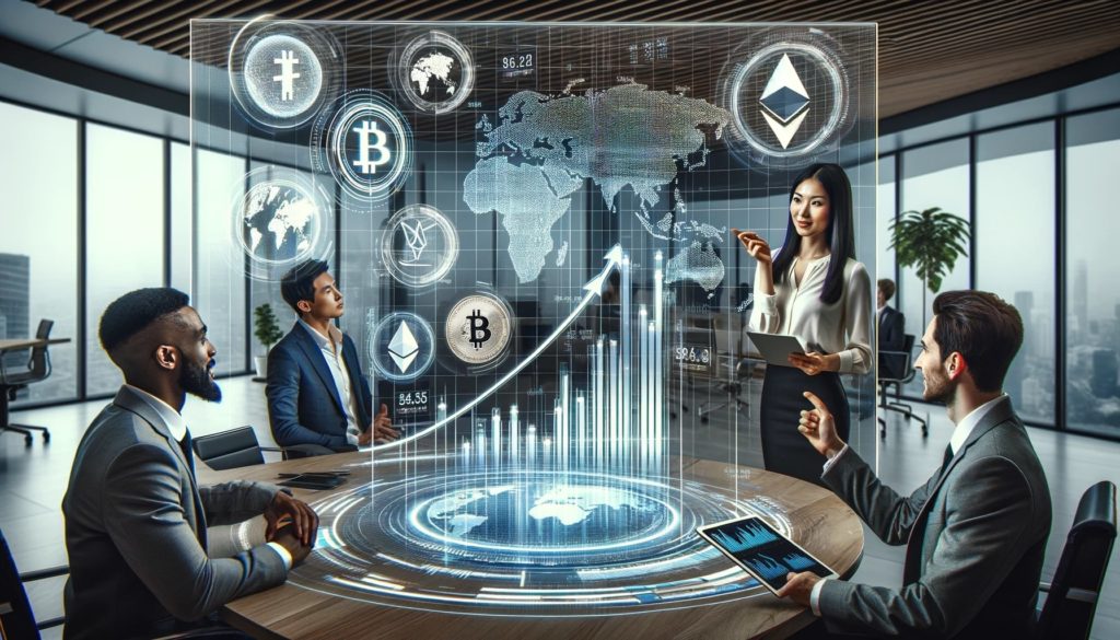 DALL·E 2023-11-03 14.31.51 - Photo of a sleek, modern office environment with a transparent futuristic display showing various rising and falling cryptocurrency graphs and symbols